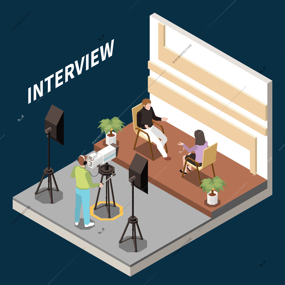 Media news isometric concept with journalist taking interview in studio vector illustration