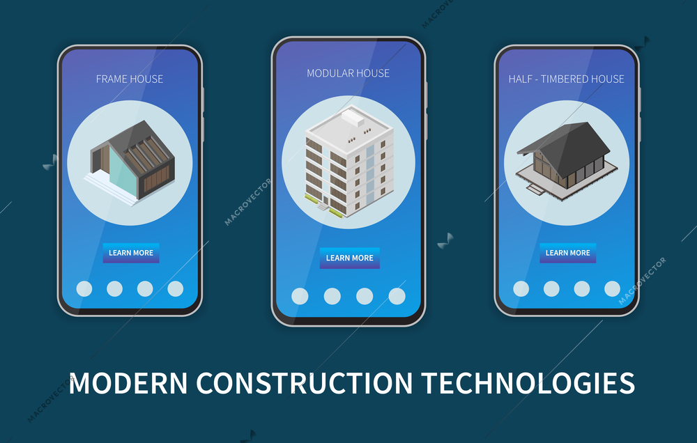 Modular frame building set with real estate mobile app templates isolated vector illustration