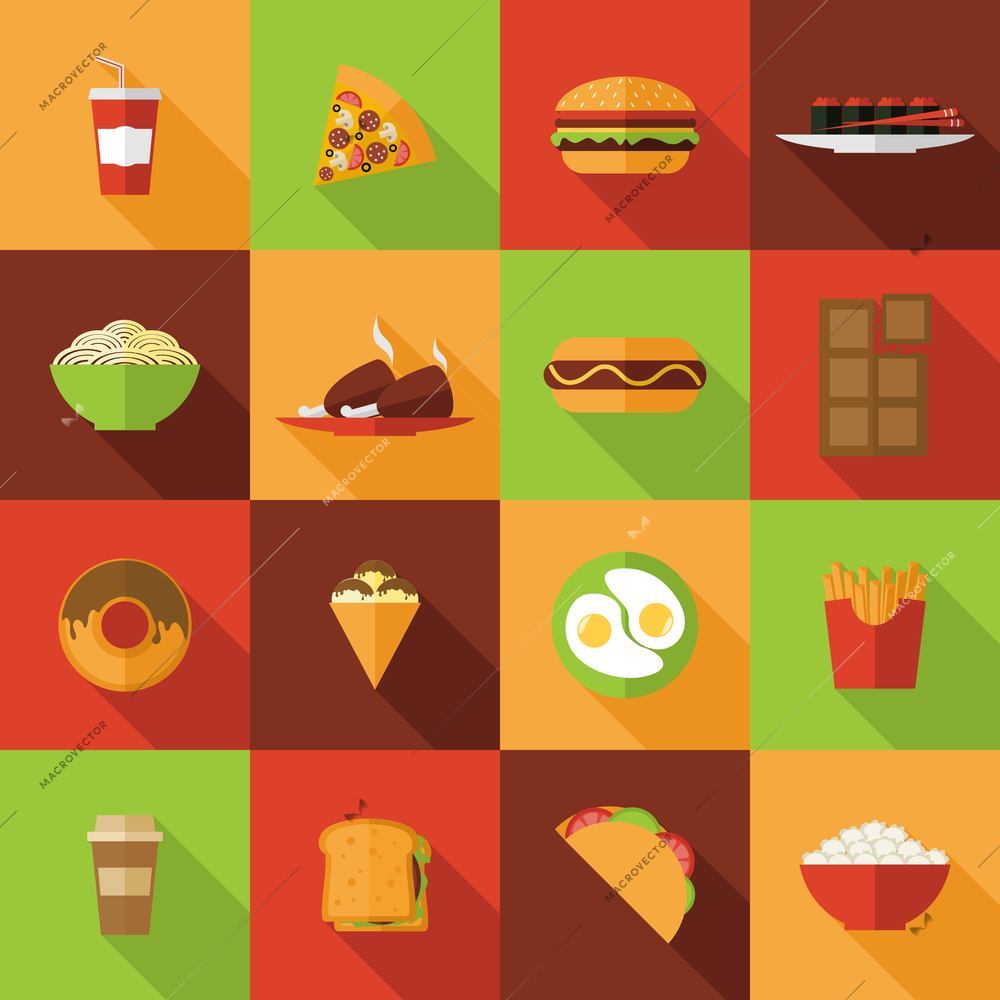 Fast food flat icons set with burger chicken chocolate noodles isolated vector illustration