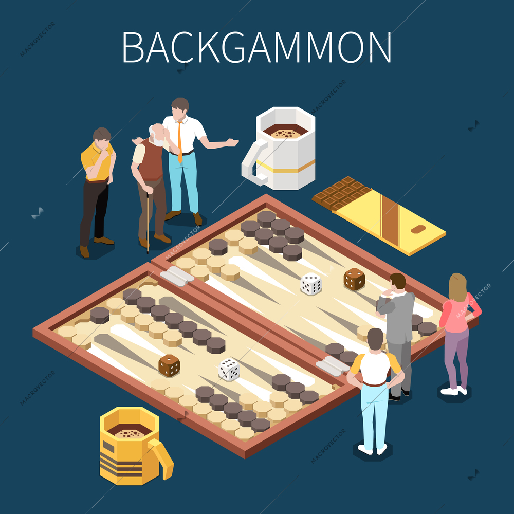 Indoor and table games isometric concept with people around backgammon desk vector illustration