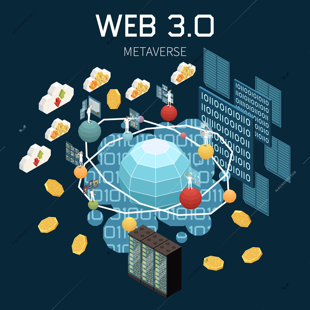 Web 3.0 technology isometric concept with metaverse symbols vector illustration