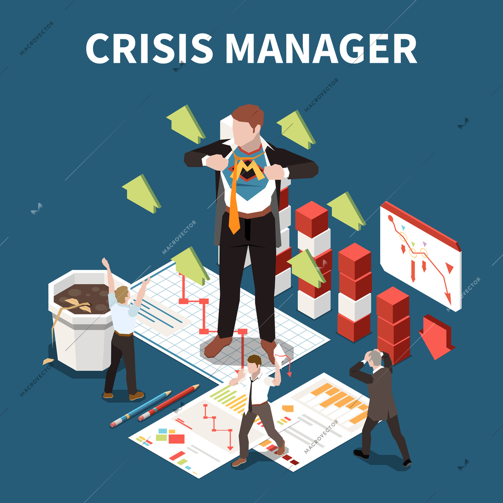Crisis manager isometric concept with business professional and money loss symbols vector illustration