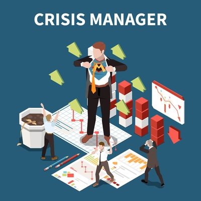 Crisis manager isometric concept with business professional and money loss symbols vector illustration