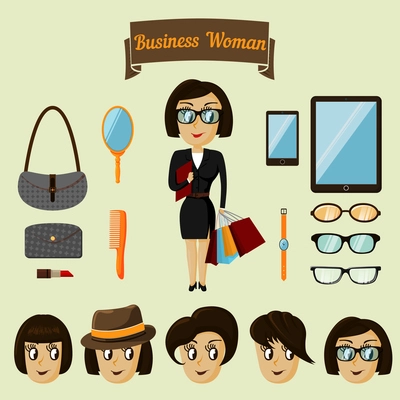 Hipster character pack for business woman with accessory and facial elements vector illustration