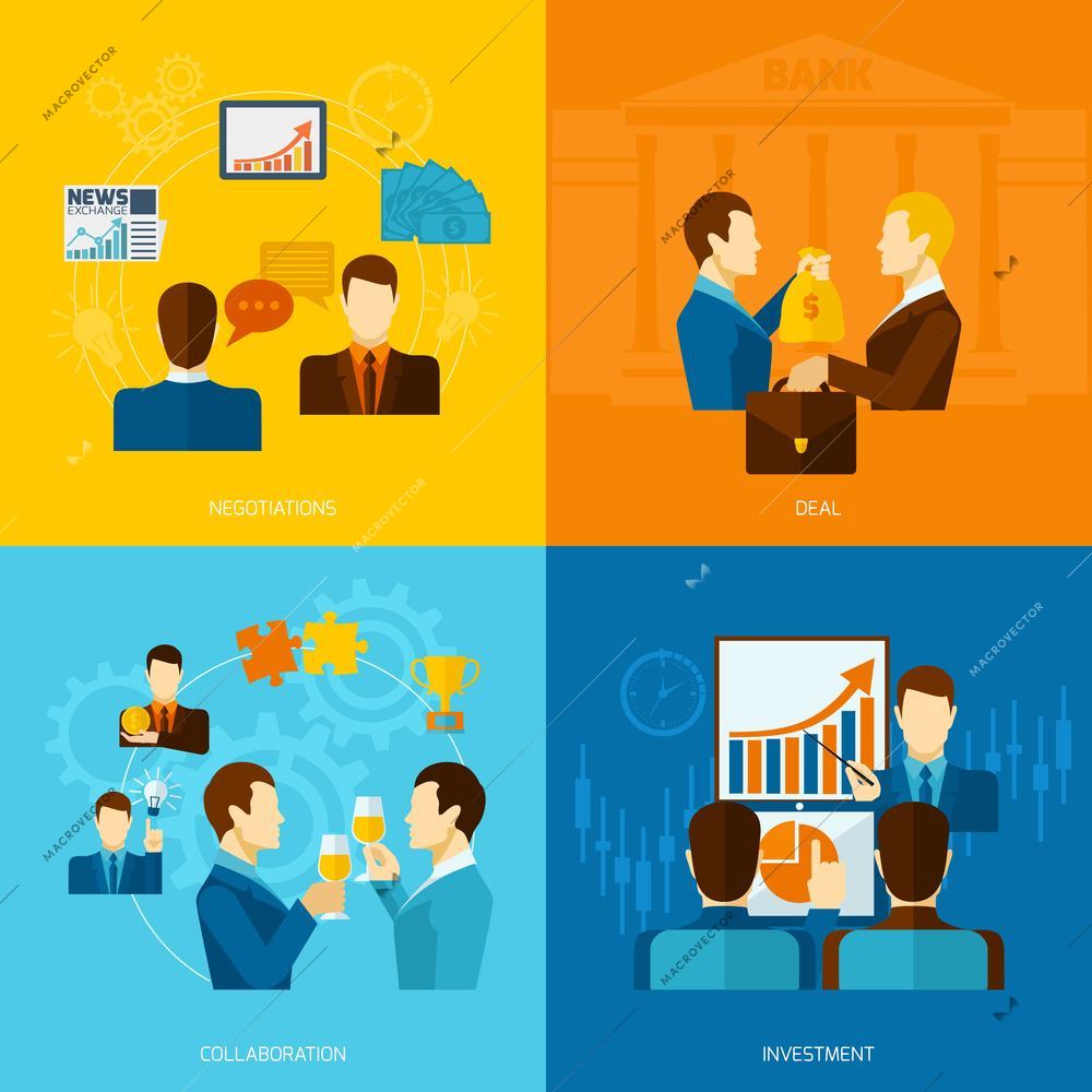 Partnership design concept set with negotiations deal collaboration investment flat icons isolated vector illustration