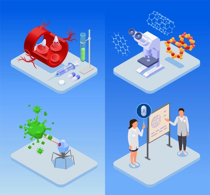 Isometric nanotechnology nanomedicine set with nanorobots being used for diseases treatment characters of scientists microscope isolated on blue background vector illustration