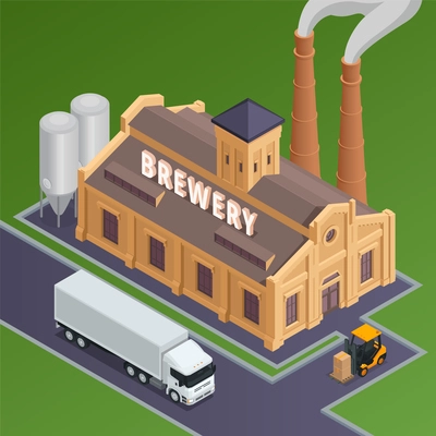 Isometric brewery building exterior with forklift carrying boxes and delivery van on green background 3d vector illustration