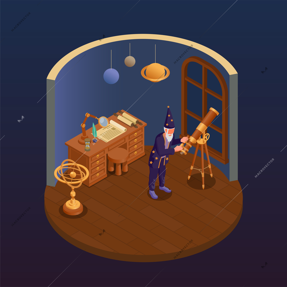 Ancient science concept with astronomy symbols isometric vector illustration