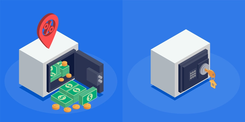 Bank loan mortgage credit isometric composition with two metal safes with money and key isolated on blue background 3d vector illustration