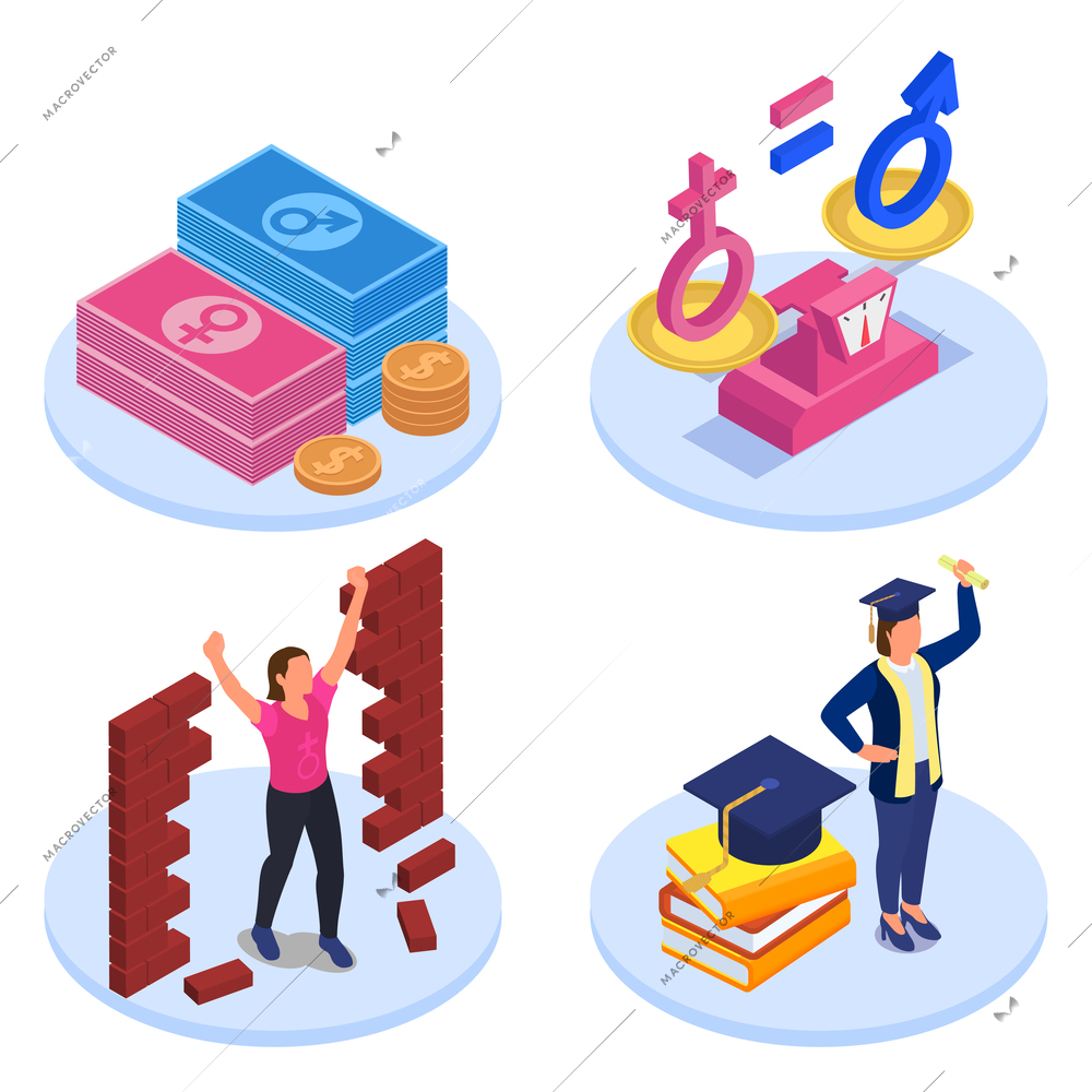 Isometric gender equality women rights design concept with strong powerful woman graduate salary scales isolated vector illustration