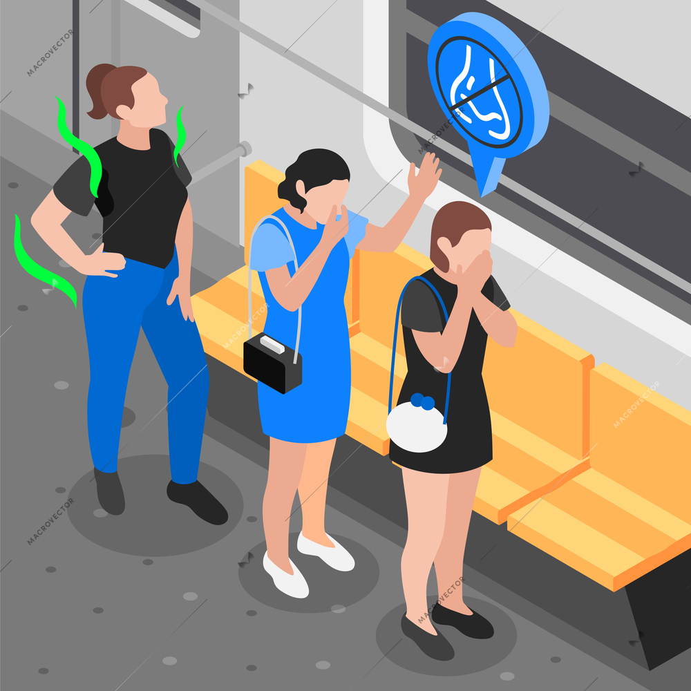Queue isometric and colored composition bad smelling person disturbs other passengers in public transport vector illustration