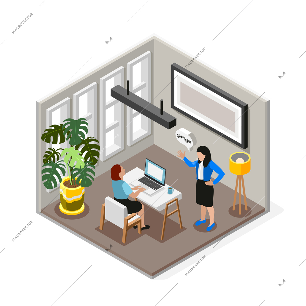 Bad boss isolated isometric composition boss is telling off her employee in the workplace vector illustration