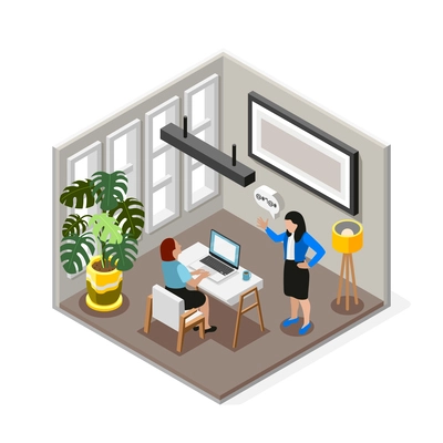 Bad boss isolated isometric composition boss is telling off her employee in the workplace vector illustration