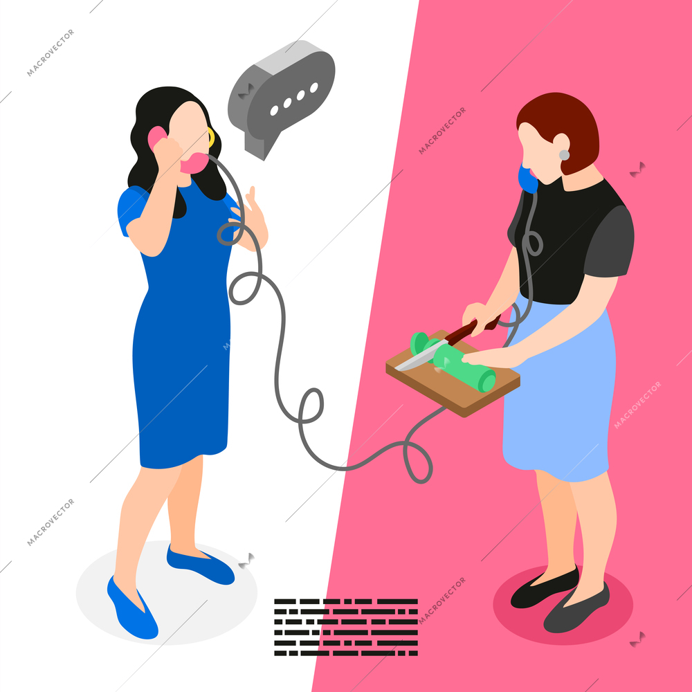 Isometric female friends concept two friends chatting on the phone with each other vector illustration