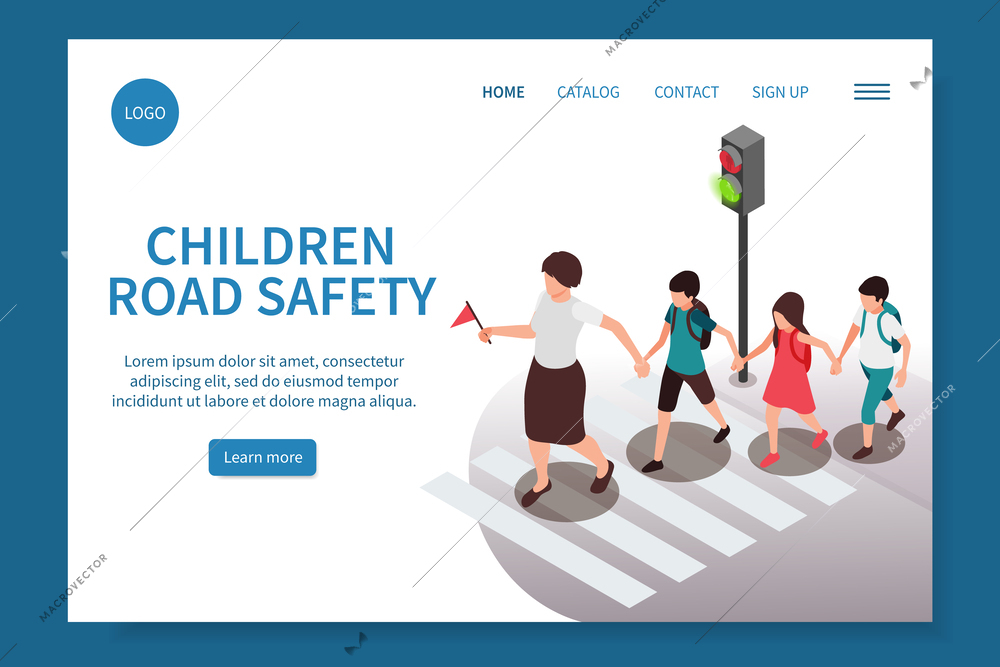 Children road safety rules isometric web site landing page with view of kids group crossing street vector illustration