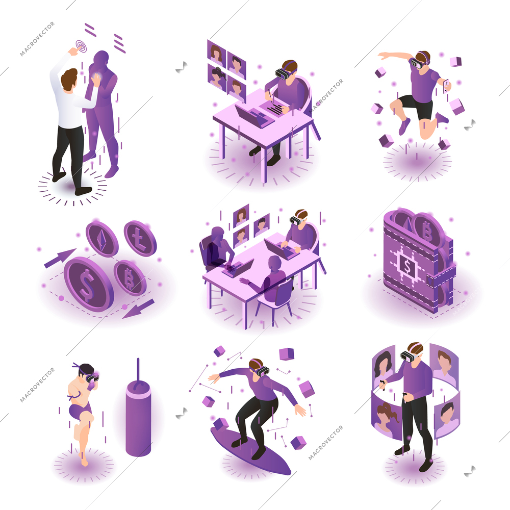 Metaverse color isometric set of compositions with virtual reality blocks screens crypto wallets and human characters vector illustration