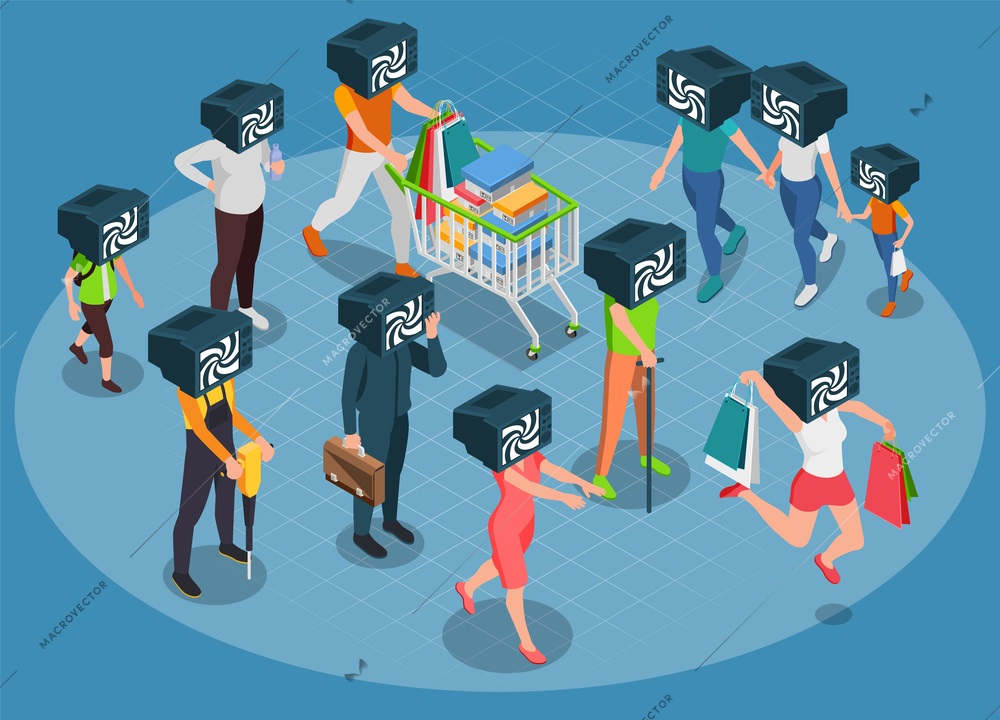 Propaganda tv crowd isometric composition with group of different people with tv monitors set as heads vector illustration