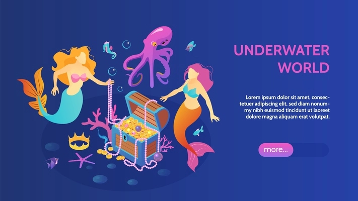 Isometric underwater world horizontal banner with editable text more button and images of mermaids treasure chest vector illustration