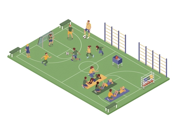 Isometric pe lesson composition with isolated view of sport soccer field with children performing physical exercises vector illustration