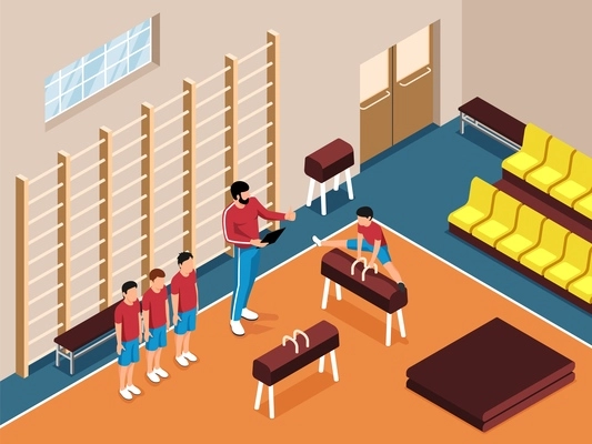 Physical education lesson at sport gym with male teacher and students doing exercises on pommel horse 3d isometric vector illustration