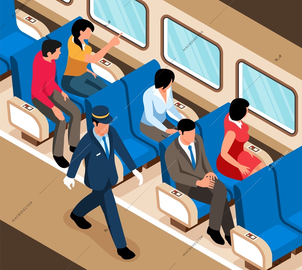 Isometric railway train wagon interior with passengers on their seats and male attendant or conductor 3d vector illustration
