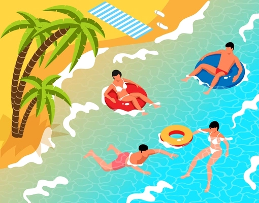 Tropical beach landscape with people floating in inflatable rings and swimming in sea 3d isometric vector illustration