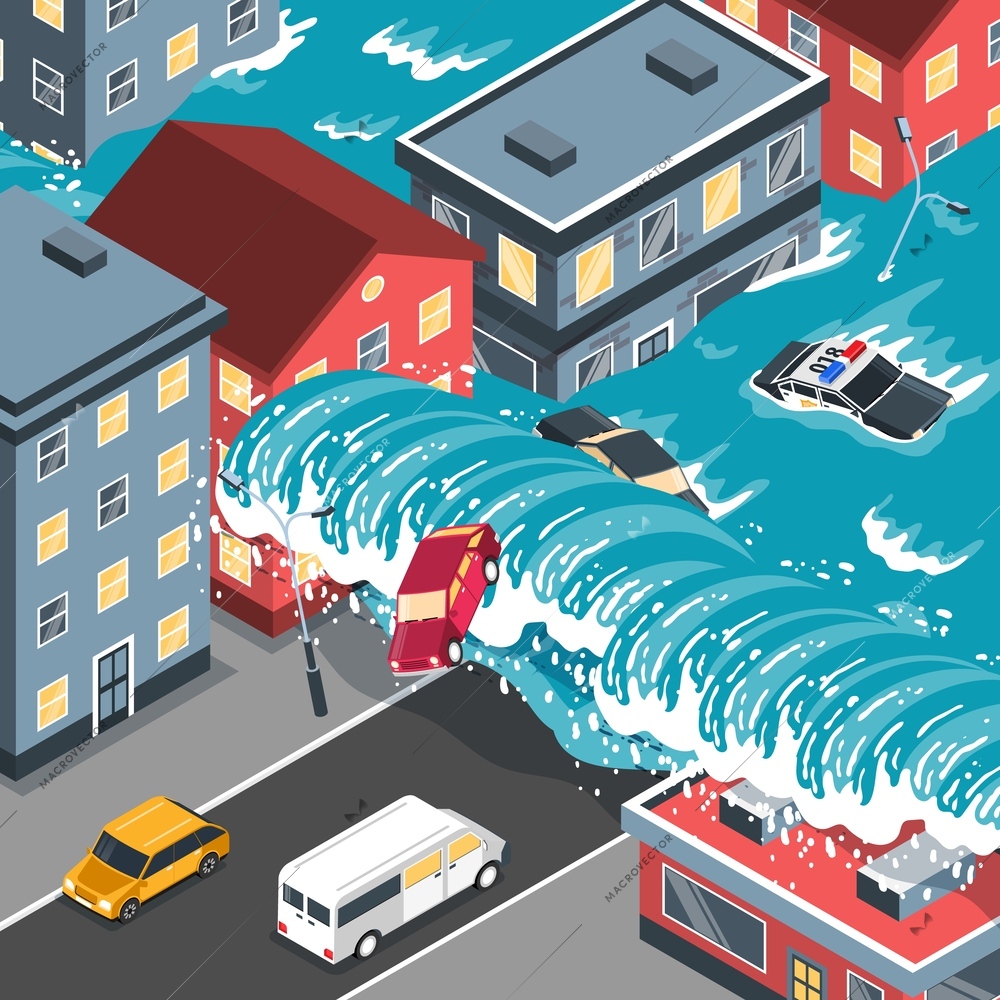 Natural disaster tsunami hitting city with view of flooded streets isometric vector illustration