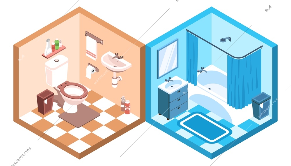 Bathroom and toilet interior with furniture and accessories isometric composition 3d vector illustration