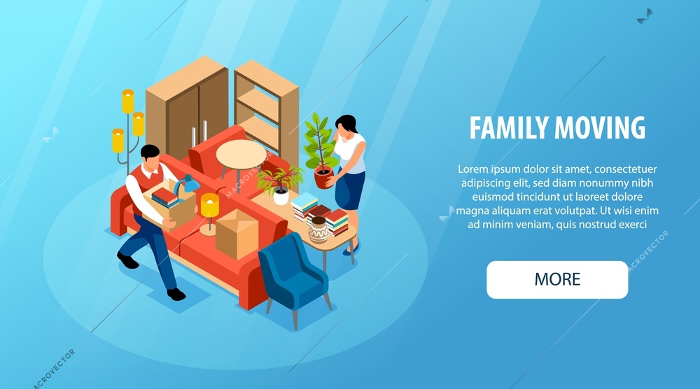 Isometric horizontal family moving website banner with couple packing things for transportation 3d vector illustration