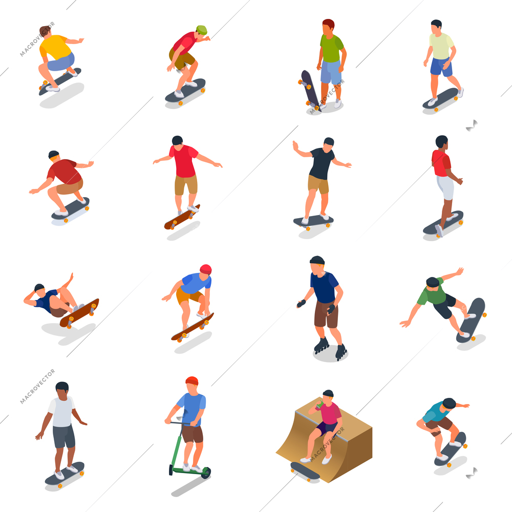 Skate park icons set with sport symbols isometric isolated vector illustration