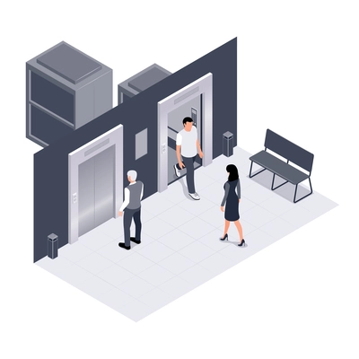 Modern interior of office space with two passenger elevators isometric composition vector illustration