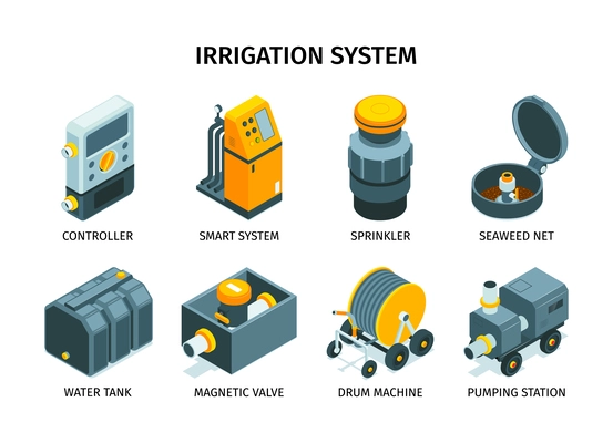 Irrigation systems isometric icons with caption including controller drum machine pumping station sprinkler isolated vector illustration