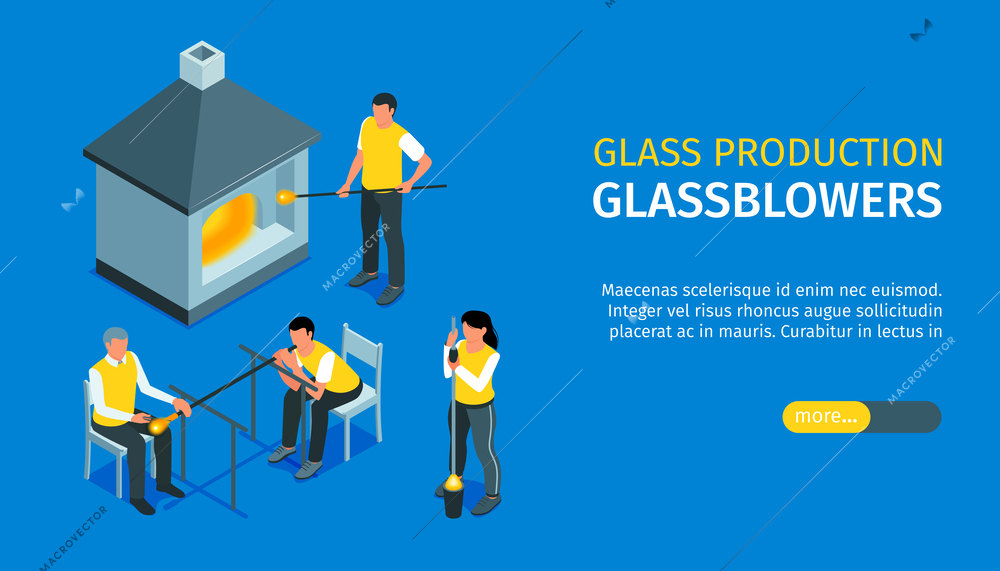 Glass production horizontal banner with glassblowers male and female characters near melting furnace isometric vector illustration
