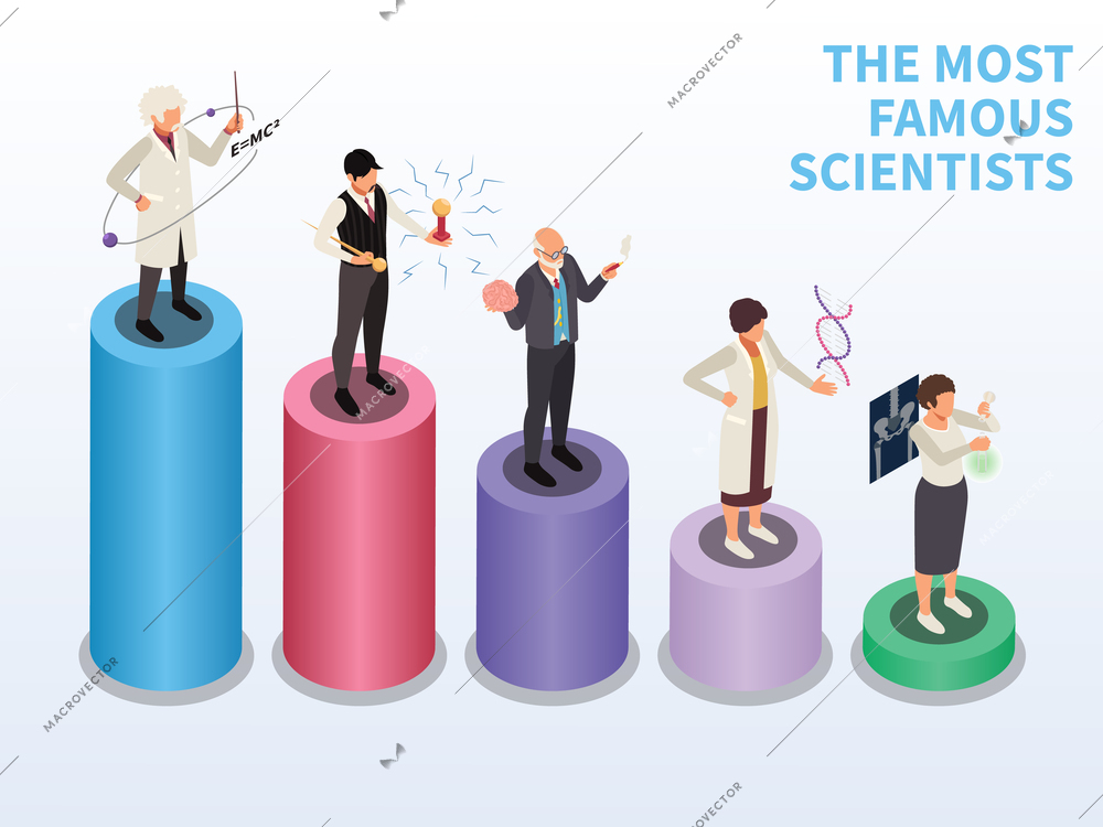 Famous scientists isometric composition with text and round pedestals set with different height and human characters vector illustration