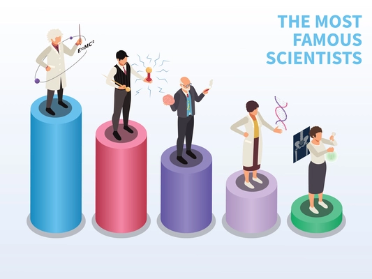 Famous scientists isometric composition with text and round pedestals set with different height and human characters vector illustration