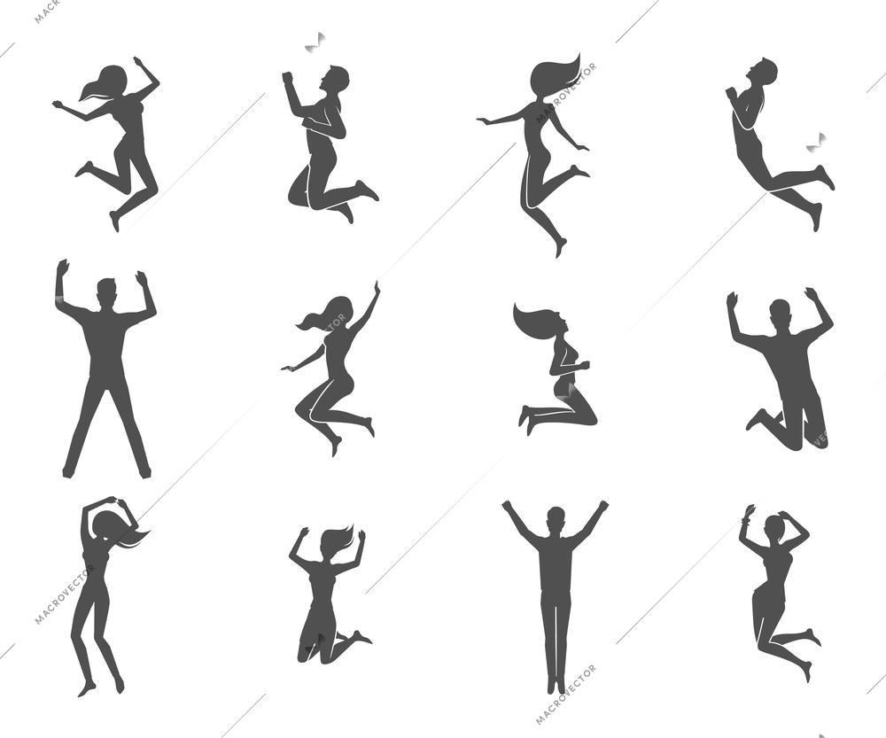 Jumping people male and female figures black characters set isolated vector illustration