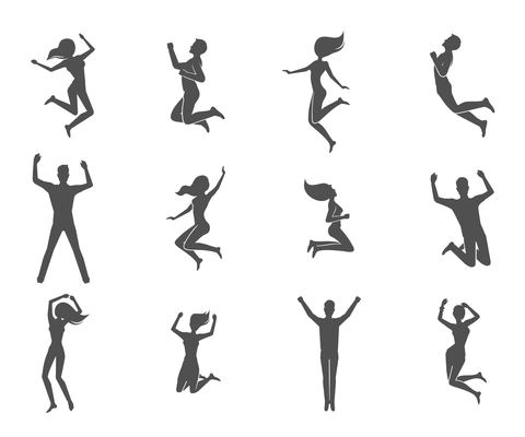 Jumping people male and female figures black characters set isolated vector illustration