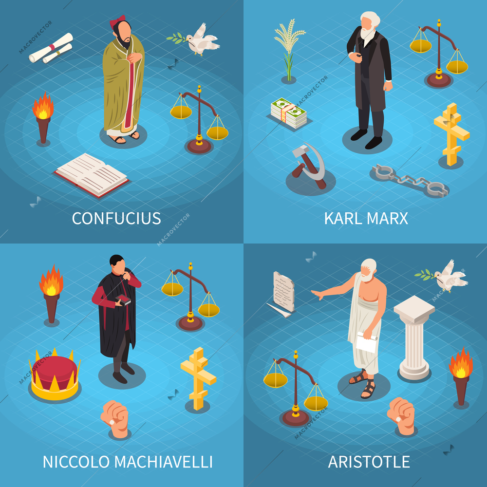 Set of four famous philosophers isometric compositions with human characters of confucius marx machiavelli and aristotle vector illustration