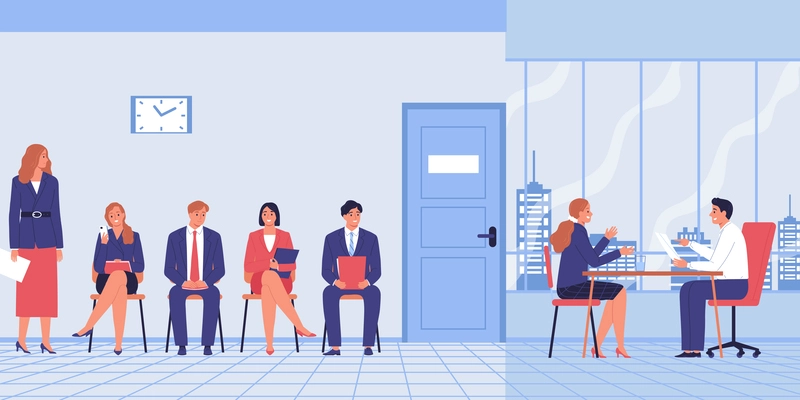 Job search recruitment queue composition with view of office hallway with sitting candidates waiting for interview vector illustration