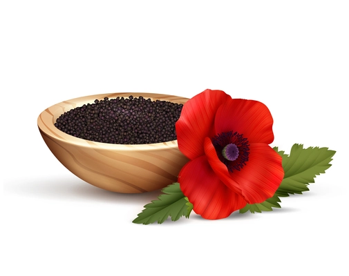 Blossoming poppy flower near wooden bowl with seeds on white background realistic composition vector illustration