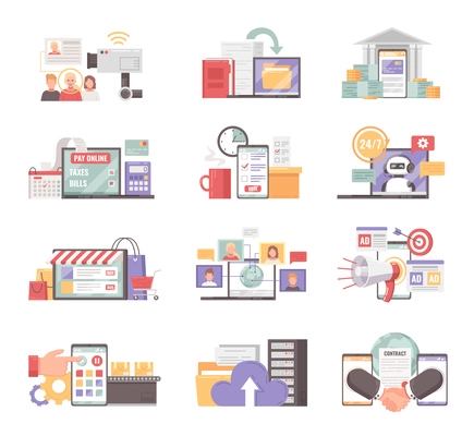 Digital transformation flat icons set with digitalization symbols isolated vector illustration