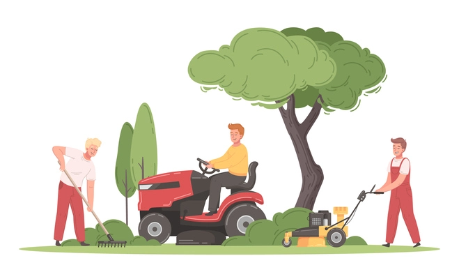 Lawn mowing cartoon with male workers cutting grass using different machines vector illustration