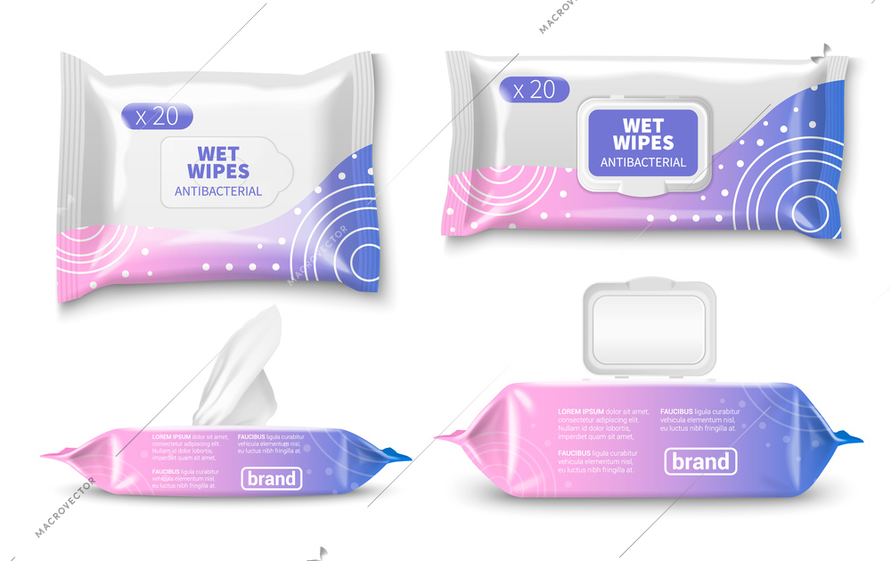Wet wipe tissues packaging realistic mockup set with branding template isolated vector illustration