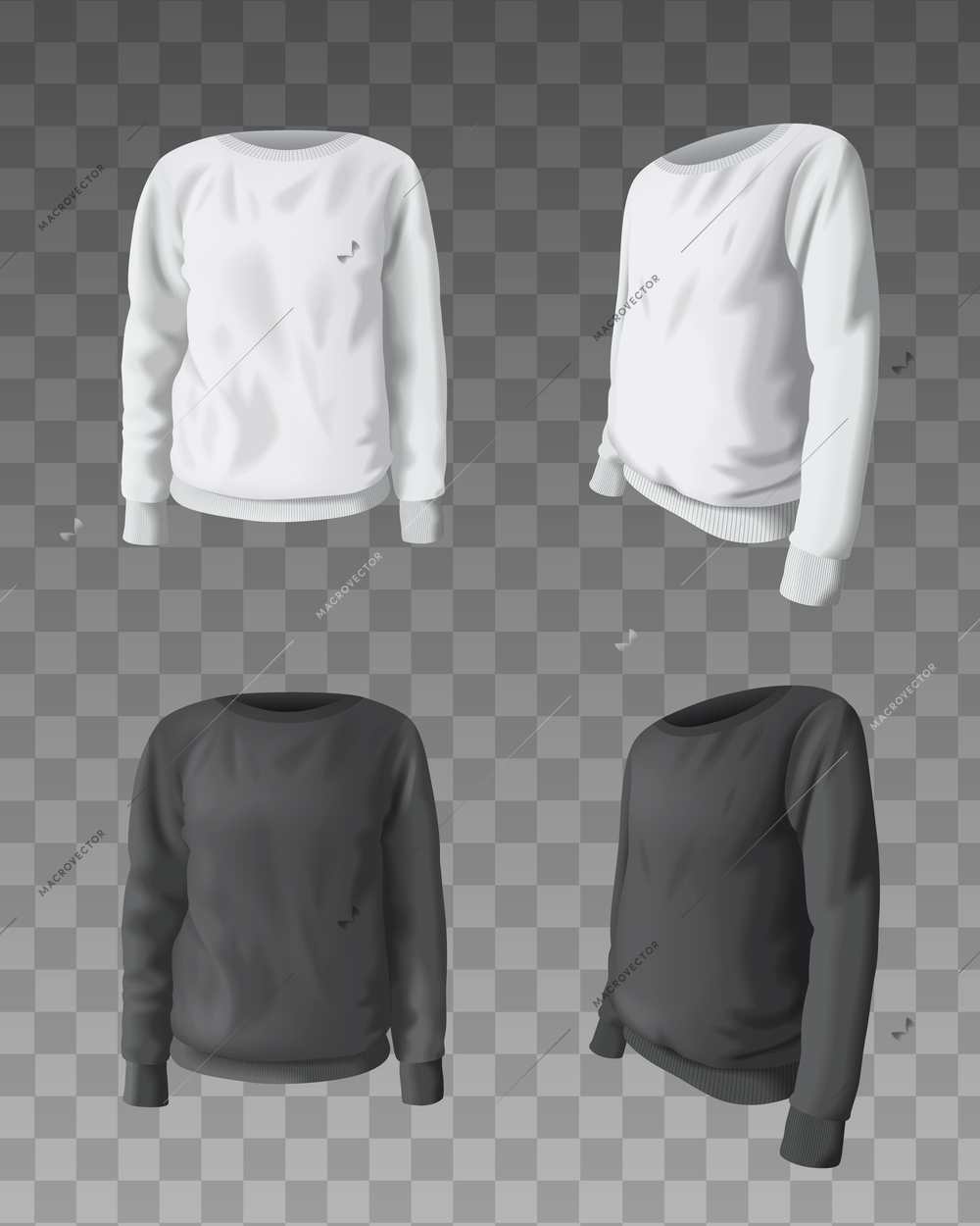 Realistic sweatshirt mockup templated in white and black color on transparent background isolated vector illustration