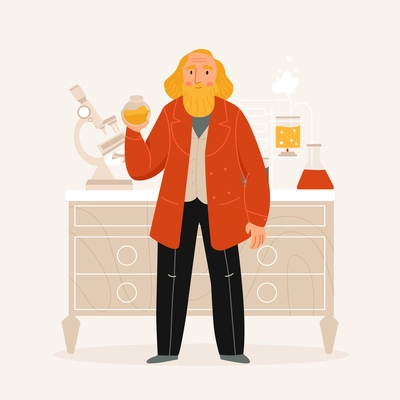 Great russian scientist dmitri mendeleev in his laboratory flat vector illustration