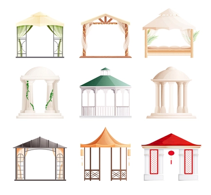 Gazebo in various styles for gardens or parks flat set isolated vector illustration