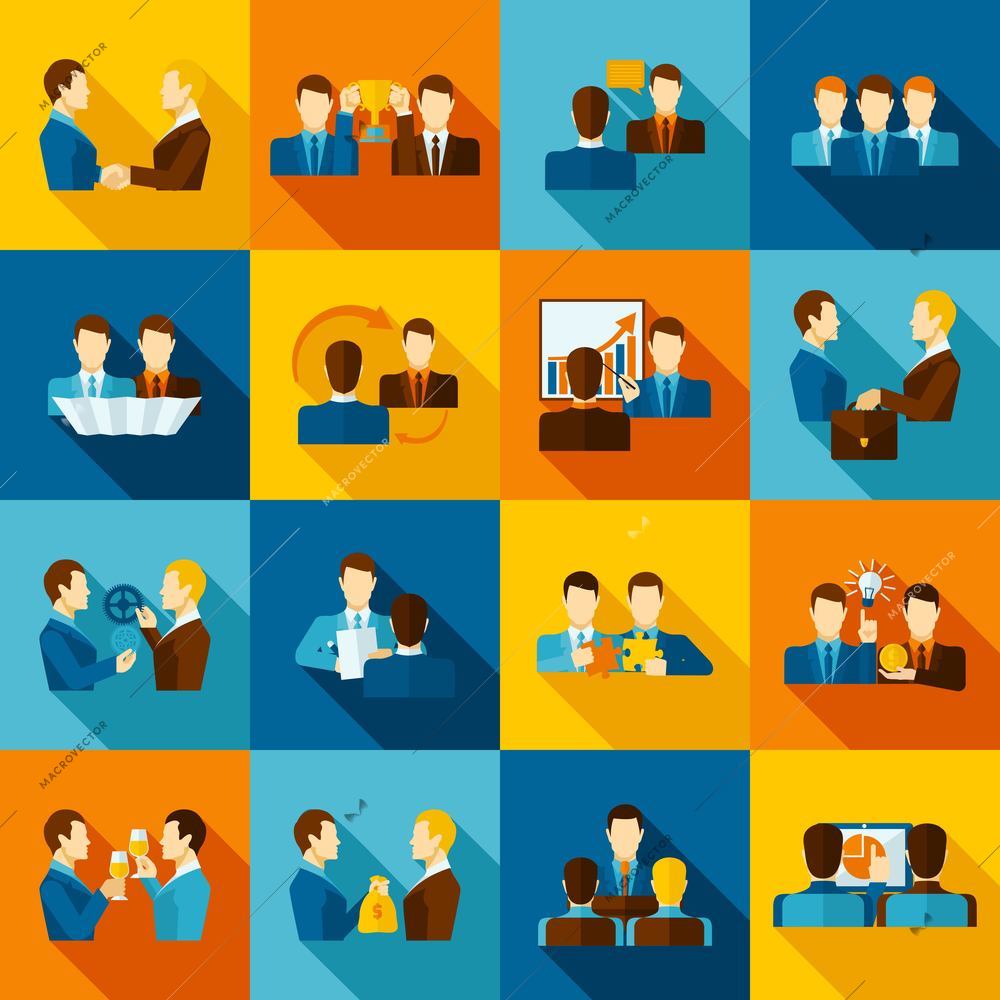 Partnership flat icons set with business executive and employees isolated vector illustration