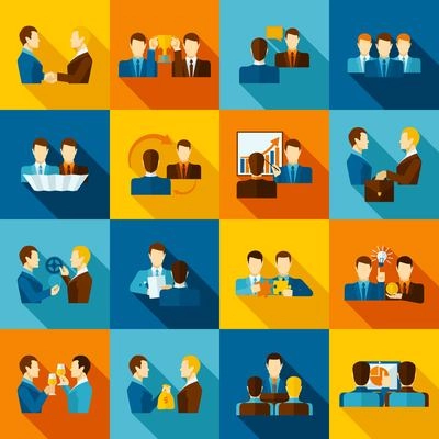 Partnership flat icons set with business executive and employees isolated vector illustration