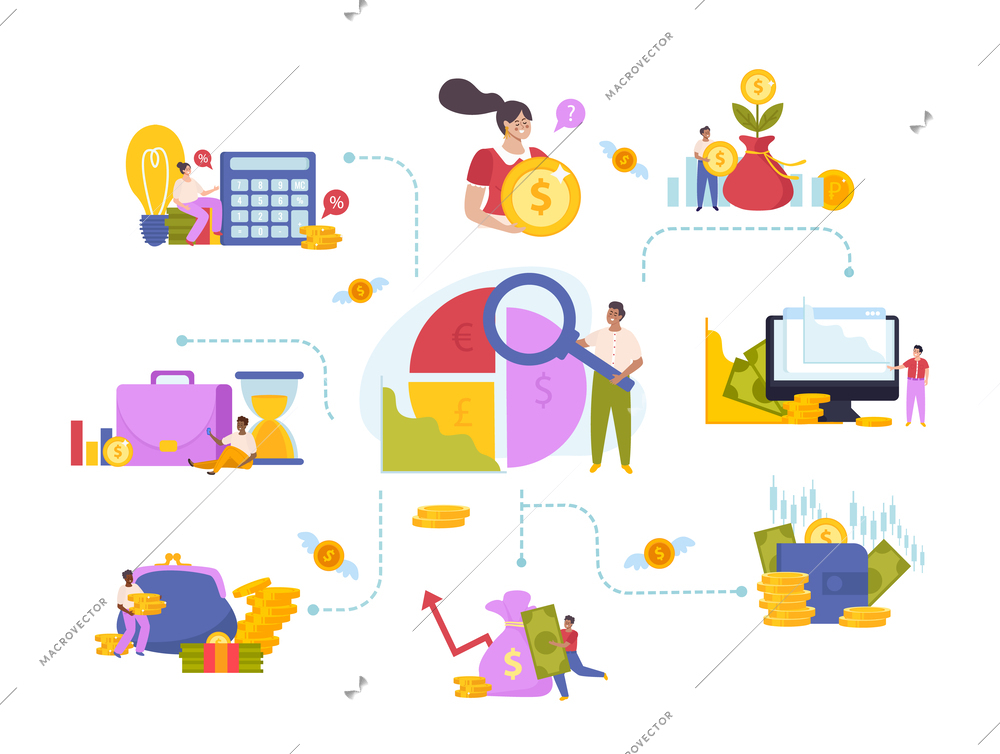 Financial diversification composition with balance and income symbols flat vector illustration