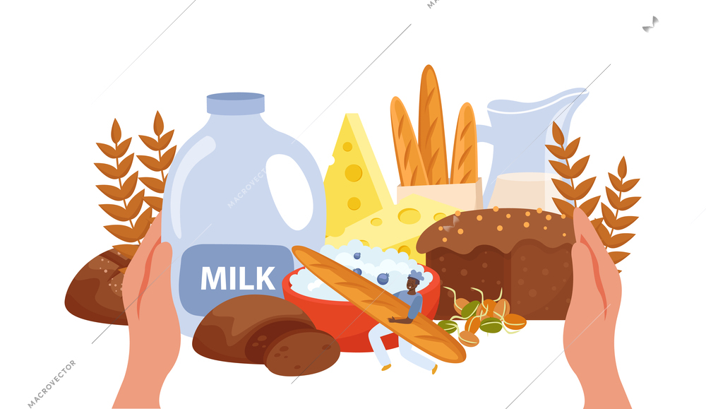 Baking bread composition with meal variety symbols flat vector illustration